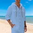 thumbnail image 3 of APEXFWDT Men's Long Sleeve Hooded Shirt Button Down Roll Up Sleeve Casual Shirt Cotton Linen Top with Pockets,L,Light Blue, 3 of 8