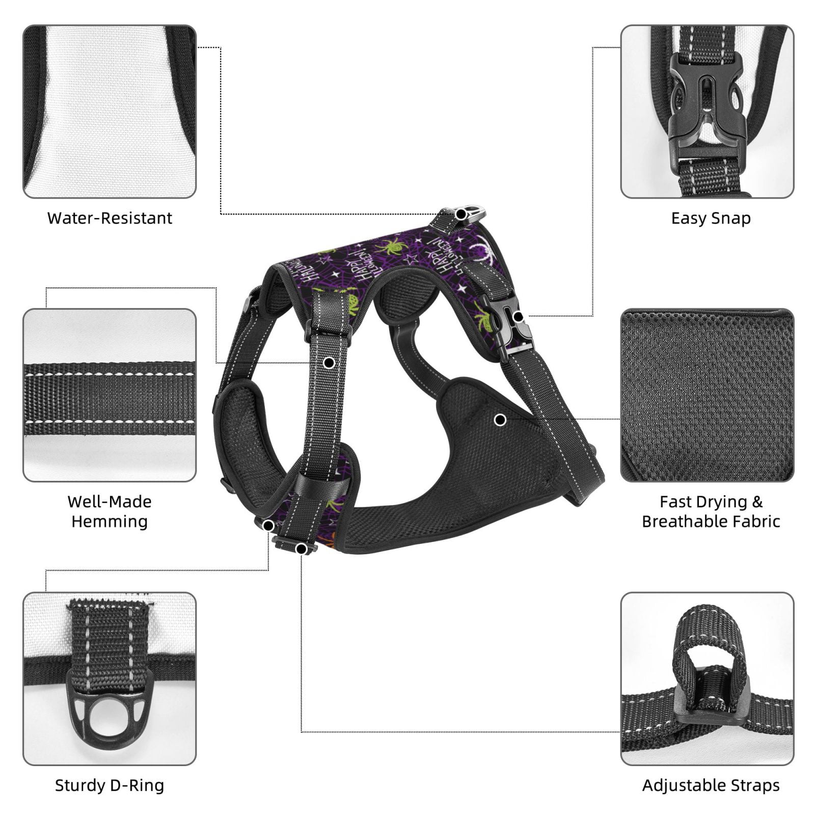 Vsdgher Halloween Pattern Dog Harness,No Pull Pet Harness with Soft Padded Handle,Adjustable Reflective Vest with 2 Buckles,4 Slide Buckles,S-XL Small