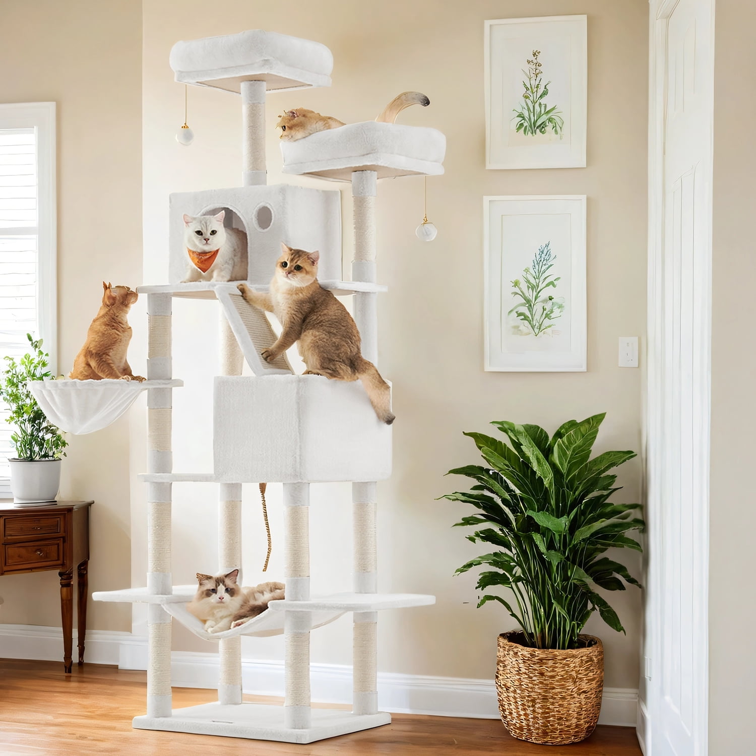 LEDREM 81.1-Inch Multi-Level Cat Tree with 13 Scratching Posts & Hammock - Large Cat Tower with 2 Perches & Caves, Cream White