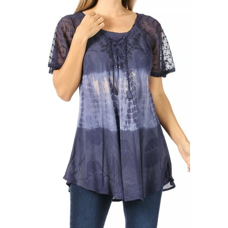 Sakkas Parisa Casual Summer Short Sleeve Top Blouse with Corset and Embroidery - Navy - Plus Size