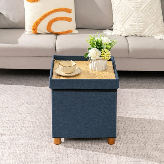 PINPLUS 15" Footstool for Living Room,Blue Ottoman Storage Box with 4 Wood Legs,Folding Ottoman Coffee Table with Storage