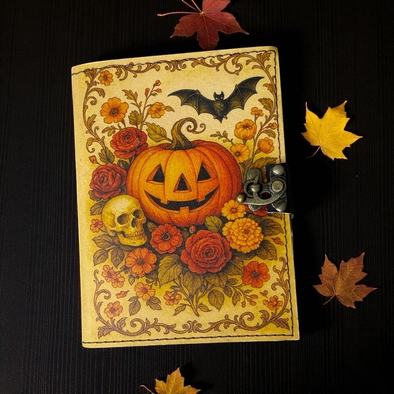 Pumpkin Leather Journal – Halloween Witchy Grimoire Notebook, Handmade 5x7 Inch Journal, 200 Deckle Pages, Wiccan Pagan Spellbook