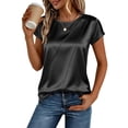 thumbnail image 2 of VBVC Women's Satin Crewneck Short Sleeve Top , Ladies' Silky Rolled Cuff Blouse , Elegant Work Office Tops For Women,Black,S-2XL, 2 of 7