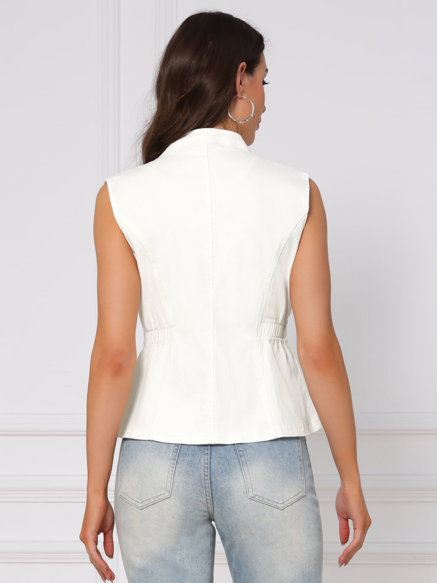 DARING DIVA Women's Button Down V Neck Elastic Waist Sleeveless Waistcoat S White