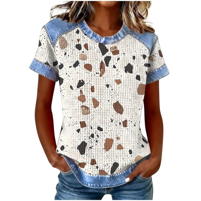 Tops de Manga Corta para las Mujeres Encaje Suelto Cuello Redondo Casual Color Sólido Blusa Camiseta Tops Sueltos