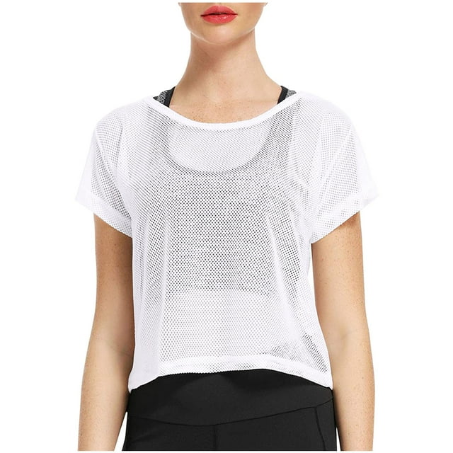 Hauts de Printemps pour Femmes T-Shirts Col Rond Maille Transparente Manches Courtes Courtes Solides Crop Top Filet T-Shirts Surdimensionnés pour Femmes Blanc m