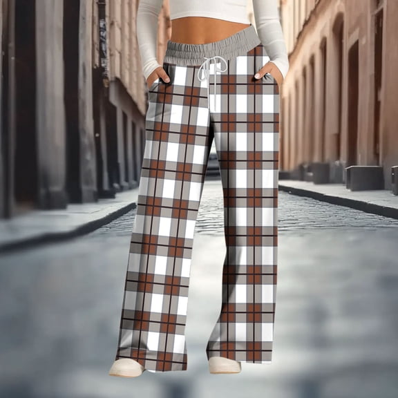 Aueoeo Women Plaid Printed Pants Casual Drawstring Wide Leg Trousers Loose Loungewear Soft Comfy Pants with Pockets