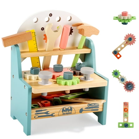 JoyStone Wooden Tool Bench Toy, Mini Workbench Pretend Play Set with Tools & Screws, Develop Fine Motor Skill Toy for Toddlers Ages 3  Boys and Girls