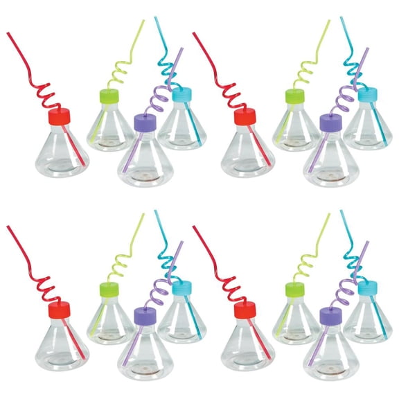 Science Party Flask-Shaped Plastic Cups with Lids & Straws – 16 ct