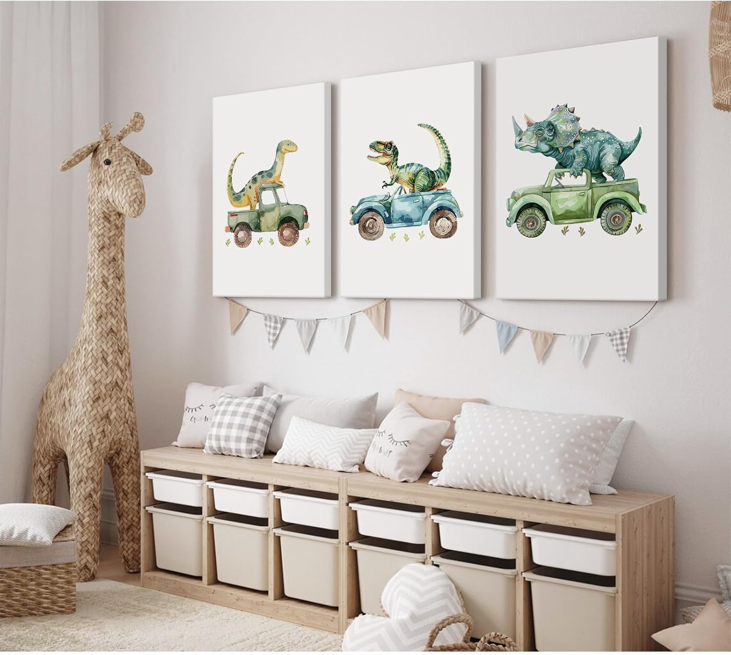 Nursery Wall Art Decor Dinosaur poster Prints Baby Boy Nursery Wall Decor Green Dino Pictures Toddler Kids Poster Cartoon Car Painting Boys Room Artwork for Bedroom Bathroom Inch Ready to Hang
