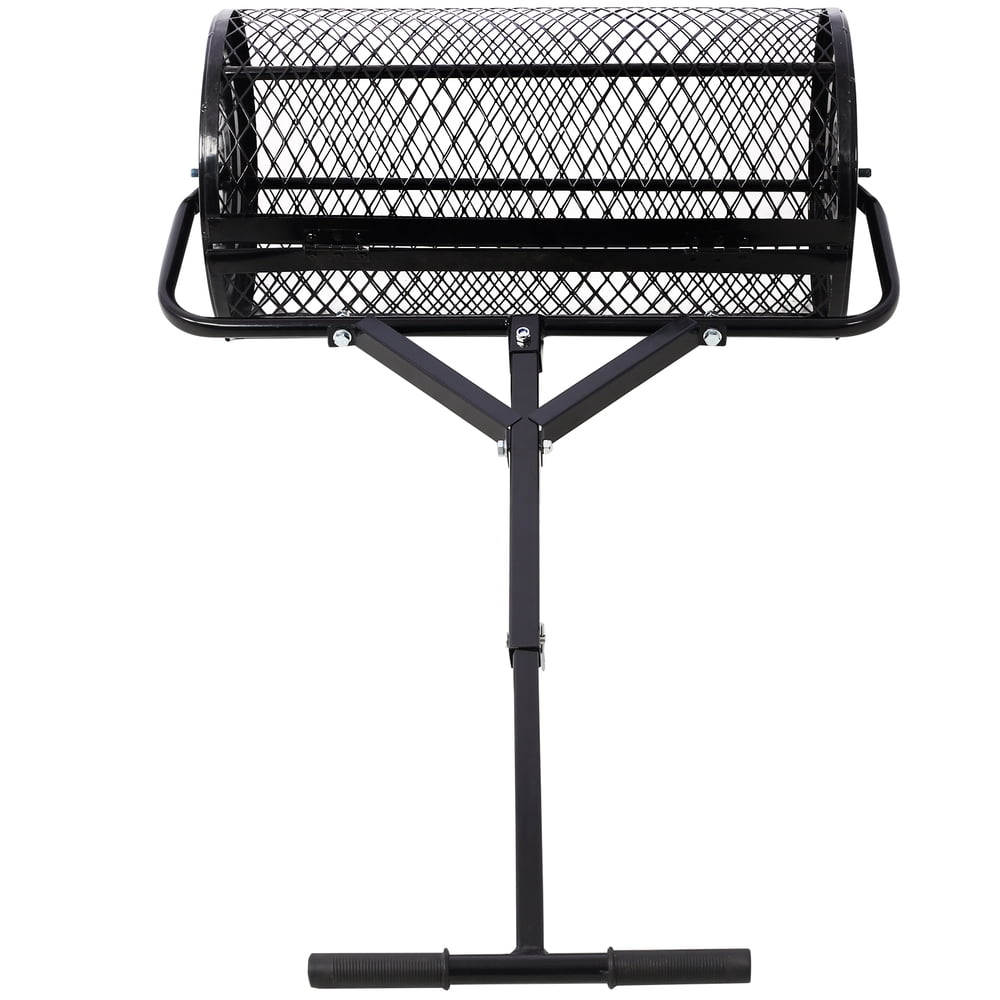 24 Inch Peat Moss Spreader, Black Metal Mesh Compost Spreader with T‑Shaped Handle, Heavy Duty Lawn & Garden Manure Roller