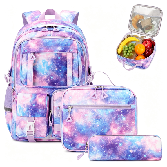 AOMRCOL Backpack for Girls 3Pcs Set Kids Backpack with Lunch Box Students Kawaii Book Bag for Elementary Primary Middle School Bags-Ita Backpack-Galaxy