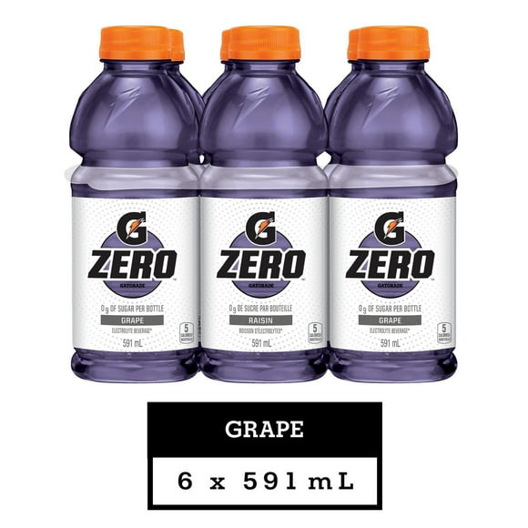 Boisson d’électrolytes Gatorade G Zero Raisin; bouteilles de 591 mL, emballage de 6 bouteilles 6x591mL