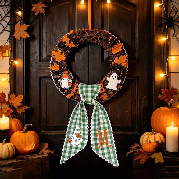 CzestPyake,Fall Decor,Wreath Sash,Halloween Wreath Sash,Fall Wreath Sash For Front Door,Plaid Ghost Ribbon,Hanging Flower Wreath Decoration
