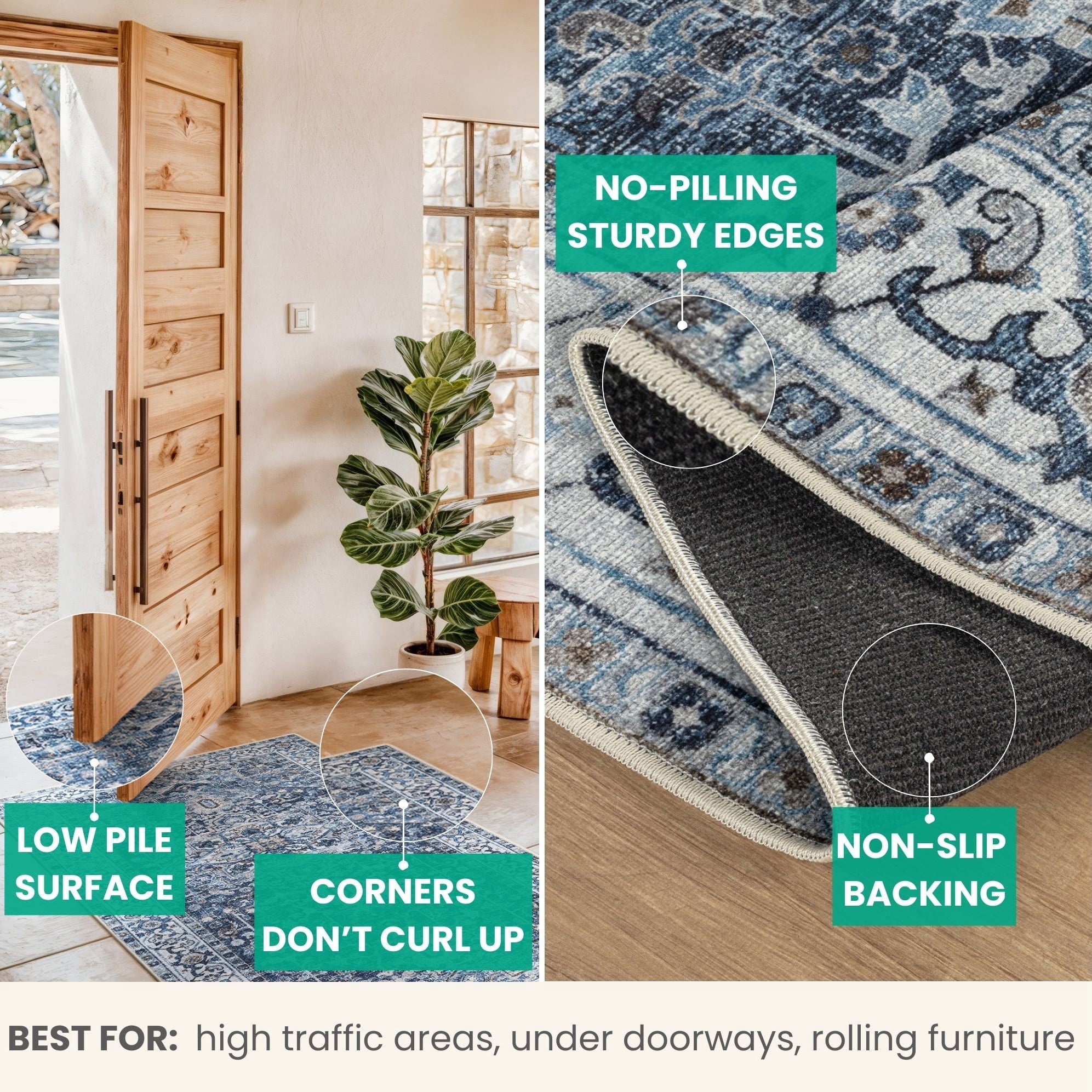 Bloom Rugs Washable Non-Slip 12 ft Runner - Navy Blue Traditional Oriental Runner for Entryway, Hallway, Bathroom, and Kitchen - Exact size: 2'6" x 12'