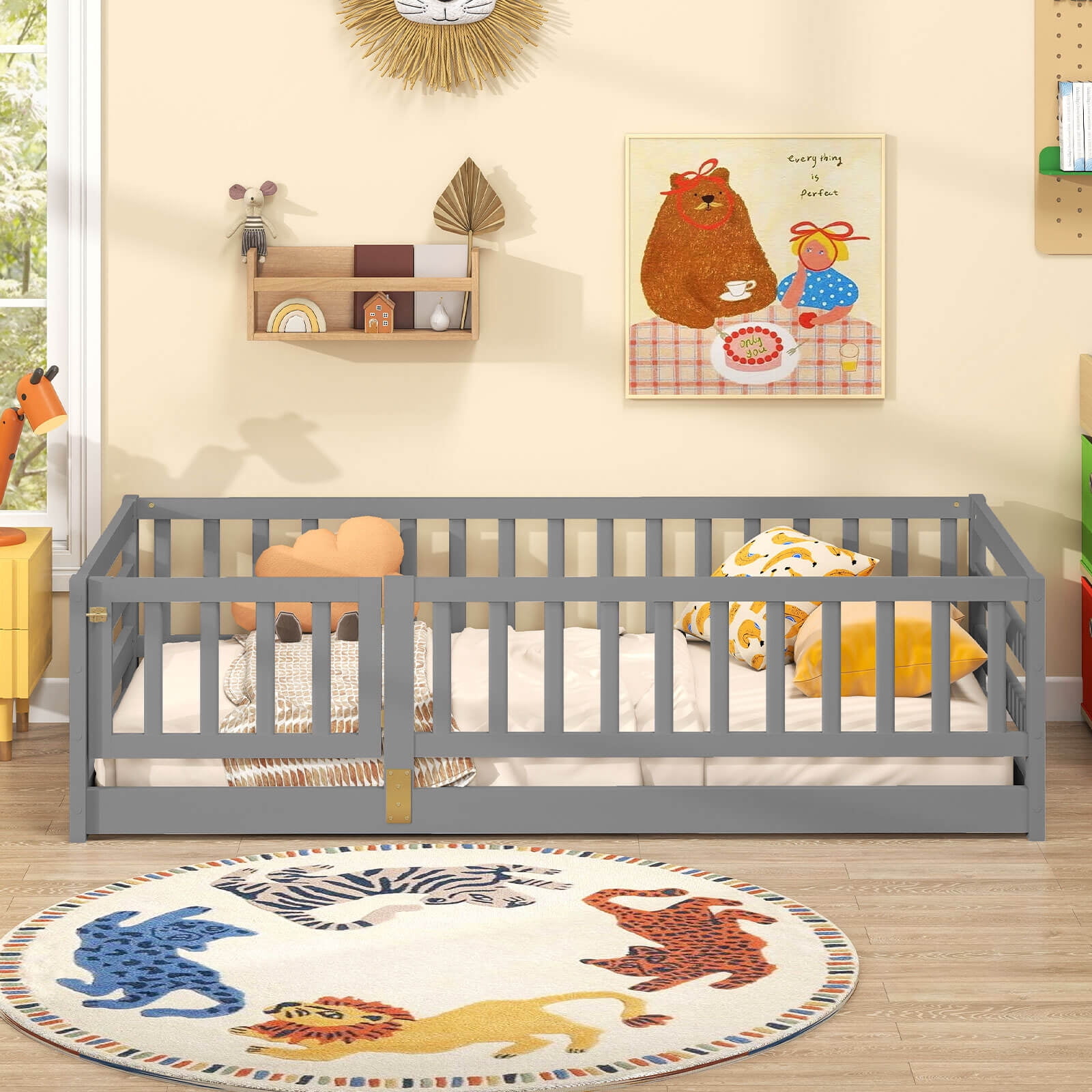 Infans Twin Size Floor Bed w/High Fence & Door Safety Guardrails Wood Floor Bed Frame