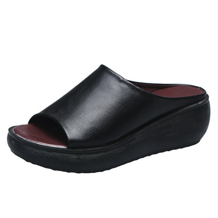 

YOUSNH Orthopedic Sandals 2024 Summer Comfortable Orthotic Leather Wedges Slides Dressy Platform Heel Arch Support Sandals Black 7(38)