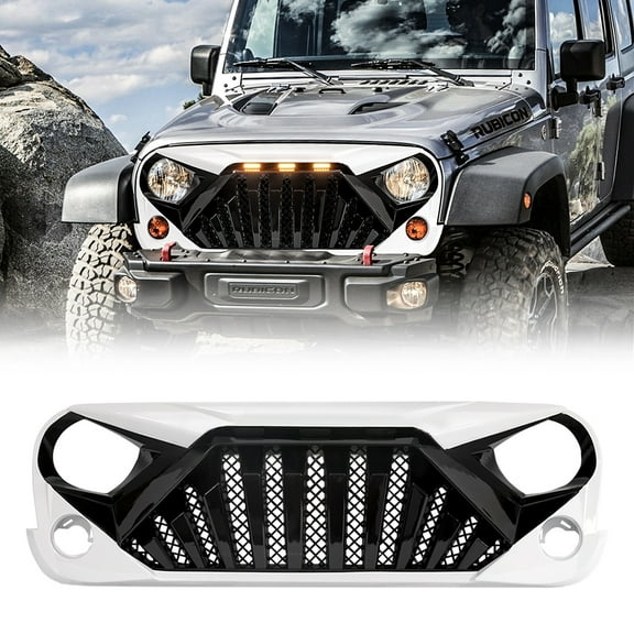 White & Black Goliath Grille Front Bumper Grill w/ Amber Lights For 2007-2018 Jeep Wrangler JK JKU