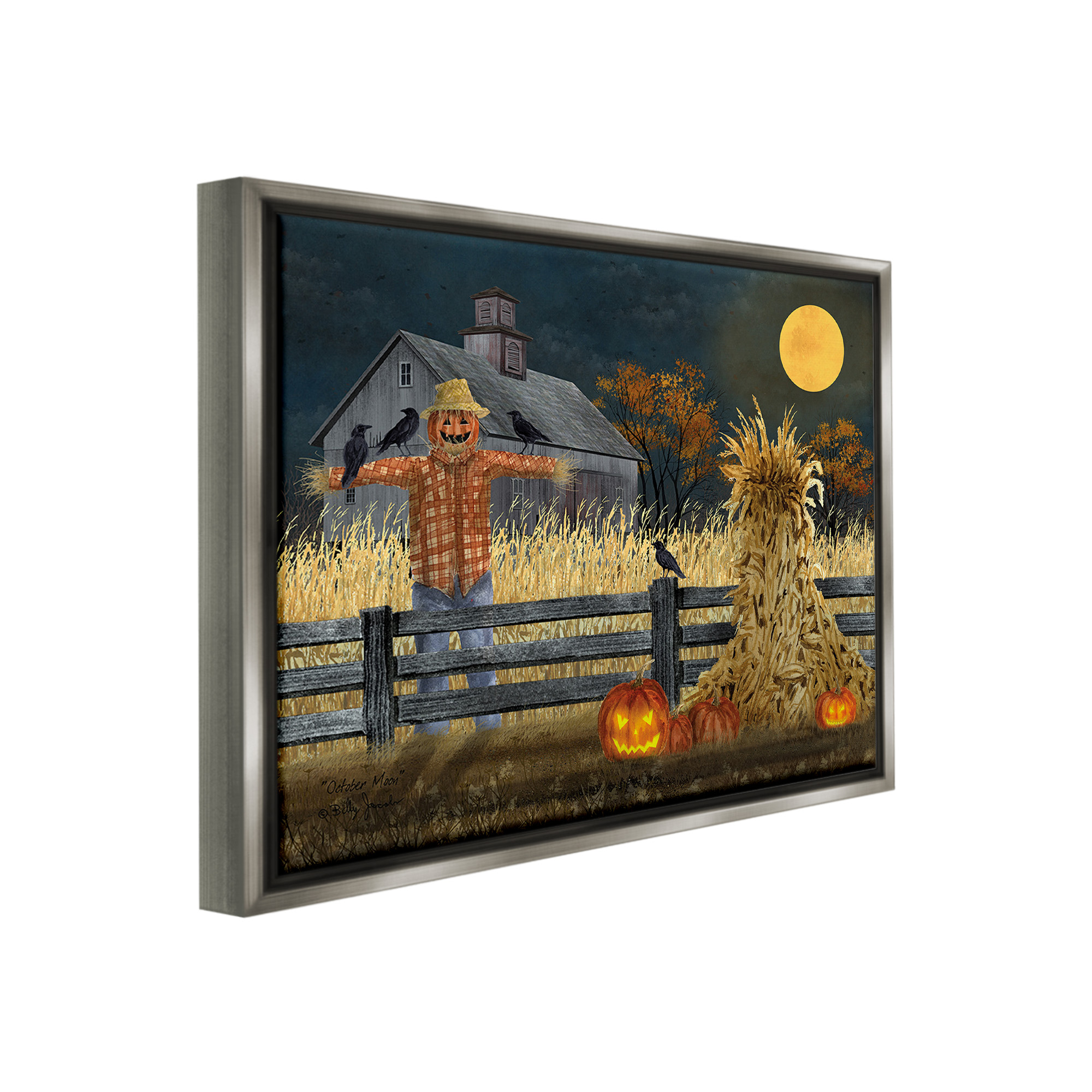 Stupell Industries Scarecrow Farm Landscape Holiday Painting Gray Floater Framed Canvas Art Print Wall Art, 31 x 25