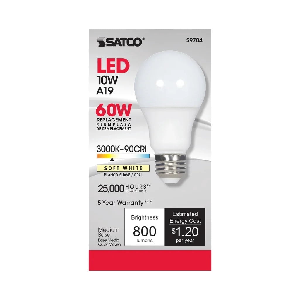 Satco S9704 A19 LED Light Bulbs 10W 120V 90CRI 3000K E26 Medium Base Dimmable (6 Pack)