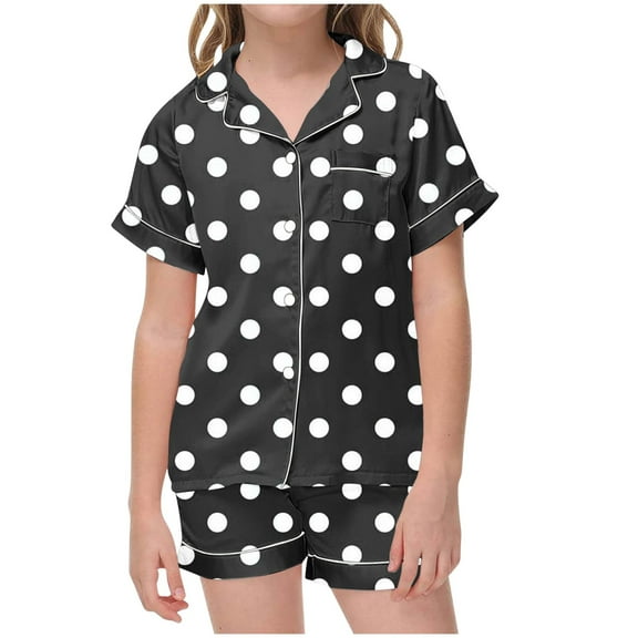 Odeerbi 2-12 Years Toddler Boys Girls Summer Satin Pajamas Notched Lapel Short Sleeve Shirts Shorts Set Soft Loungewear Dots Print Sleepwear Toddler Boys Girls Clothes