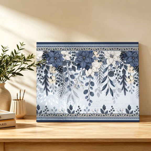 Navy Blue White Floral Canvas Wall Art, Cottagecore Flower Striped Border Wall Art Prints Artwork Framed Canvas Ready to Hang Art Pictures for Bathroom Bedroom Entry Desk Corner 10" x 8"