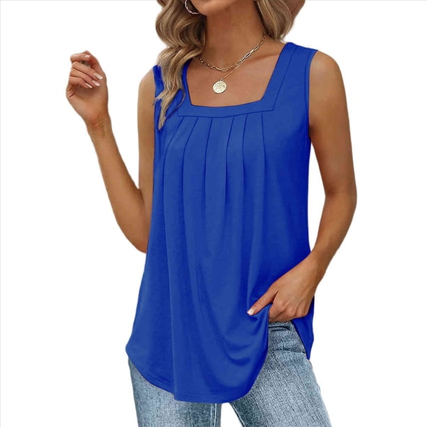 Camisetas Sin Mangas para Mujer, Conjuntos de Verano 2025, Camisas Casuales de Cuello Cuadrado, Blusas Azules L