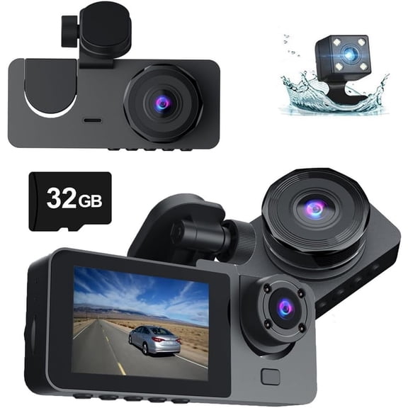 3 Channel Front Inside Rear Dash Cam for Cars, Full UHD Car Camera Front Rear with 32GB Card, Car Camera with IR Night Vision, 170°Wide Angle, G-Sensor, 24H Recording, Loop Recording