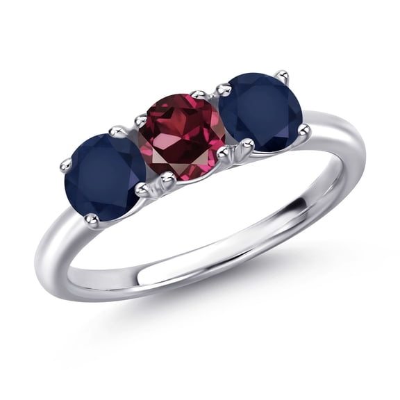 Gem Stone King 925 Sterling Silver Red Rhodolite Garnet and Blue Sapphire Engagement Ring for Women | 1.80 Cttw | Round 5MM | Gemstone January Birthstone | Size 9