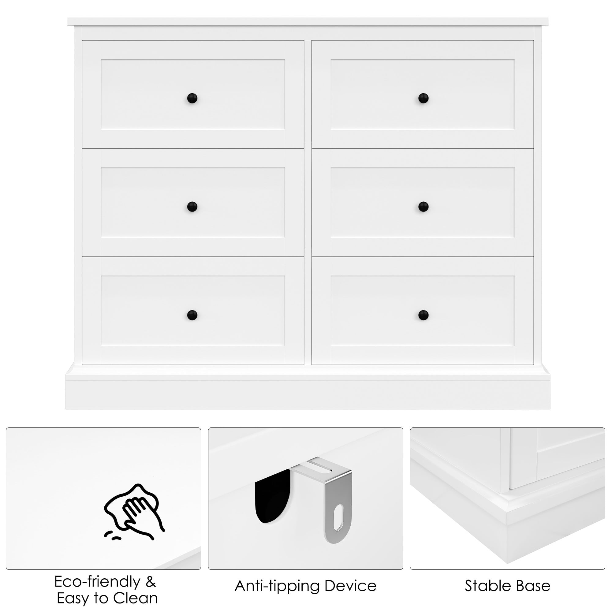 Homfa 6 Drawer Double Dresser White, Wood Storage Cabinet for Living Room, Chest of Drawers for Bedroom