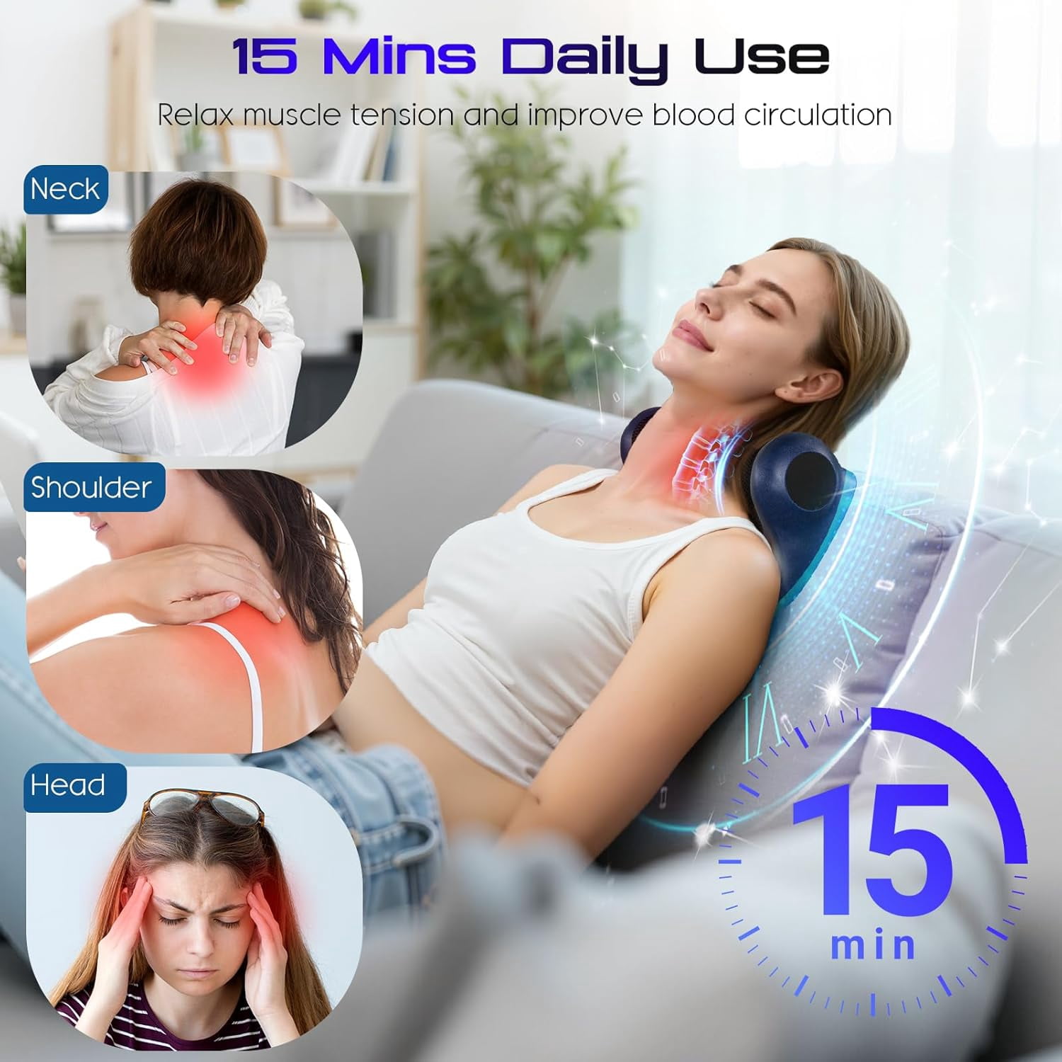 Neck Massager with Heat, 3-in-1 Electric Cervical Massager for Pain Relief & Hot Compress, Ergonomic Neck and Shoulder Relaxer Stretcher - Ideal Gift for Office Workers, Athletes & Everyone, Blue