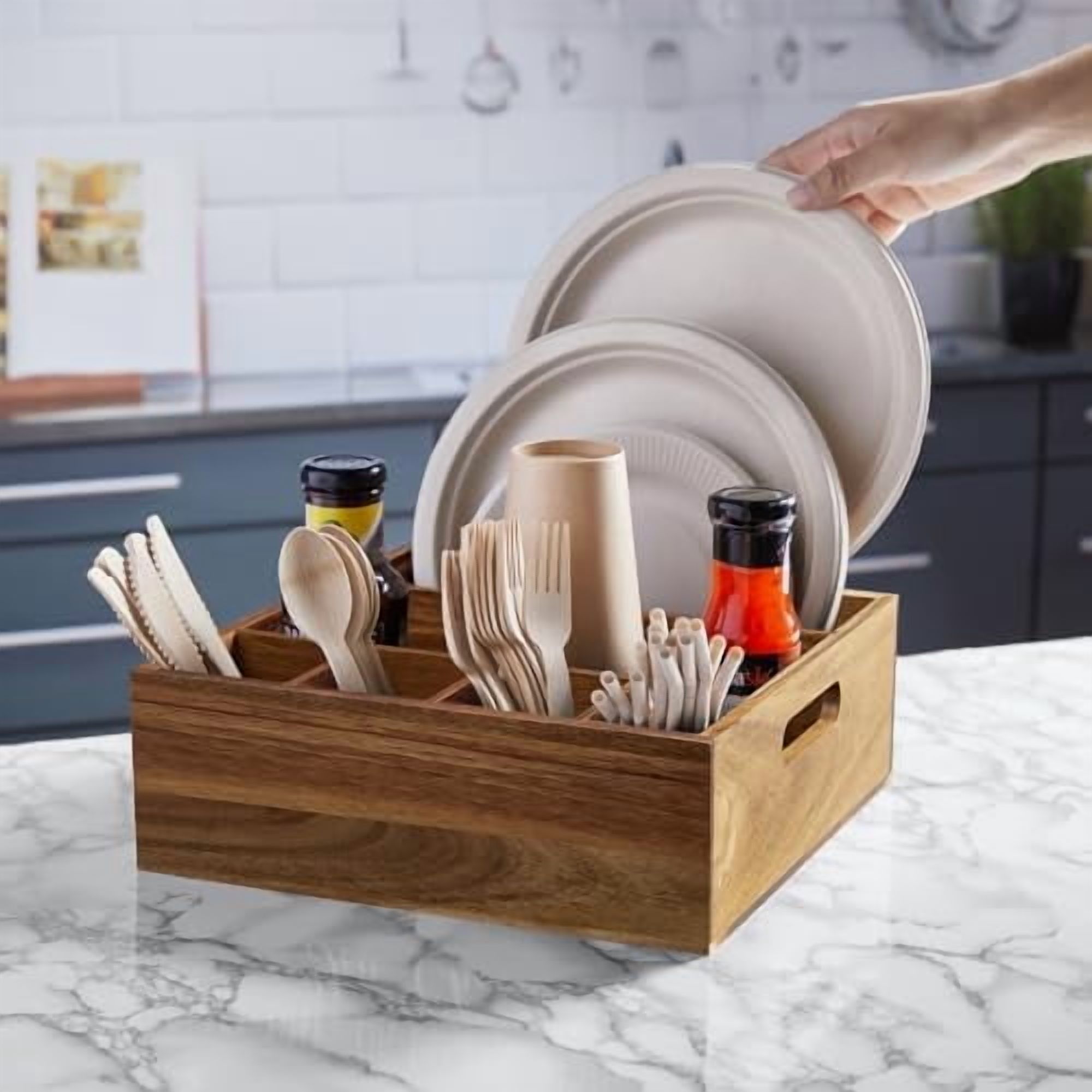 Acacia Wood Utensil Holder for Party - Paper Plate Organizer for Countertop - Silverware Caddy with 6 Compartments for Plate, Cup, Fork, Spoon - Cutlery Holder for Kitchen Camping Buffet