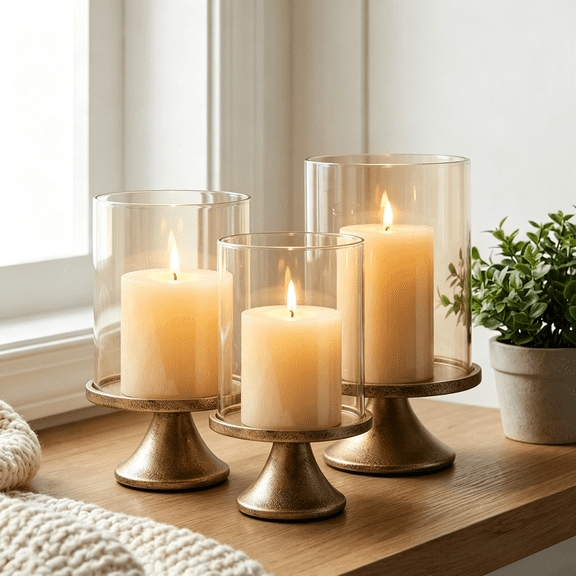 3-Pack Hurricane Candle Holders with Glass Domes & Gold Iron Base - 3 Sizes Decorative Pillar Candle Holder Set for Home Décor Living Room Dining Room Centerpiece