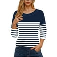 thumbnail image 2 of CFLVAEK Striped Shirt Women Plus Size Summer Casual 3/4 Length Sleeve Shirts Loose Fit Round Neck Tunic Tops Fashion Going Out Blouses Navy XXL, 2 of 5