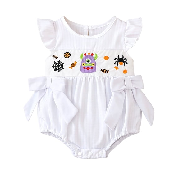 Staki Baby Girl Outfit Infant Halloween Bubble Romper Smocked Onesie Fall Newborn Halloween Clothes(White,3-6 Months)