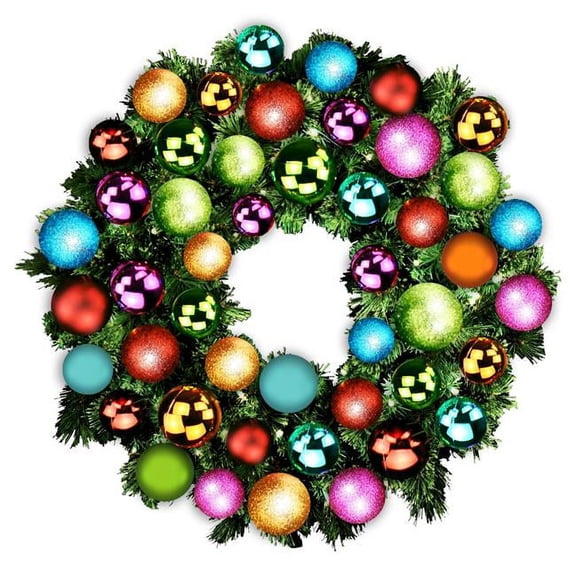 Queens of Christmas  4 ft. Blended Pine Decorated with Tropical Collection LEDs Wreath, Warm White