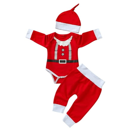 

Inevnen Baby Boy Girl Christmas Outfit Set ELF Long Sleeves Xmas Romper Striped Pants Hat 3PCS Clothes