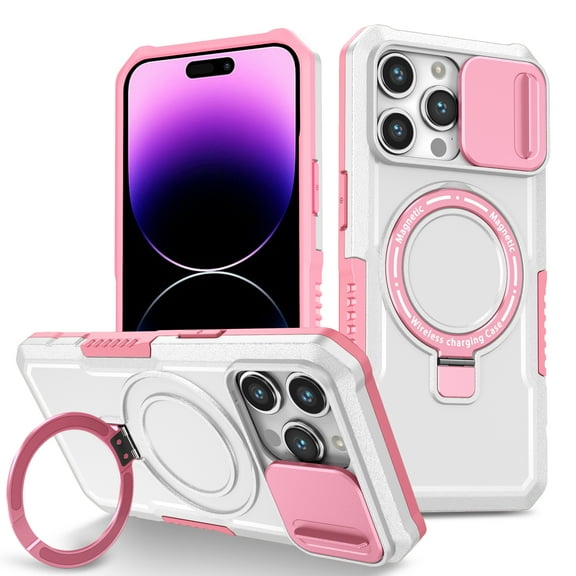 ELEHOLD Rugged Case for iPhone 14 with Sliding Camera Lens Cover Rotation Ring Holder Stand Function Compatible with MagSafe Shockproof Cover for iPhone 14,Pink White