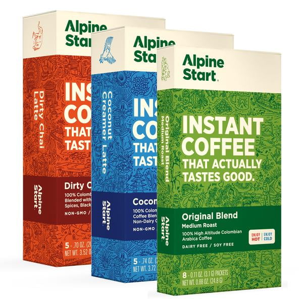 Alpine Start Variety Pack Instant Coffee Bundle (3Packs one Original Blend, one Coconut