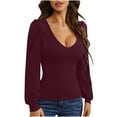 thumbnail image 2 of Lilgiuy Women's Fashion Casual Long Sleeve Comfortable Solid Color Sweatshirt V-Neck Tops Blouse for Women Trendy Going Out, 2 of 5