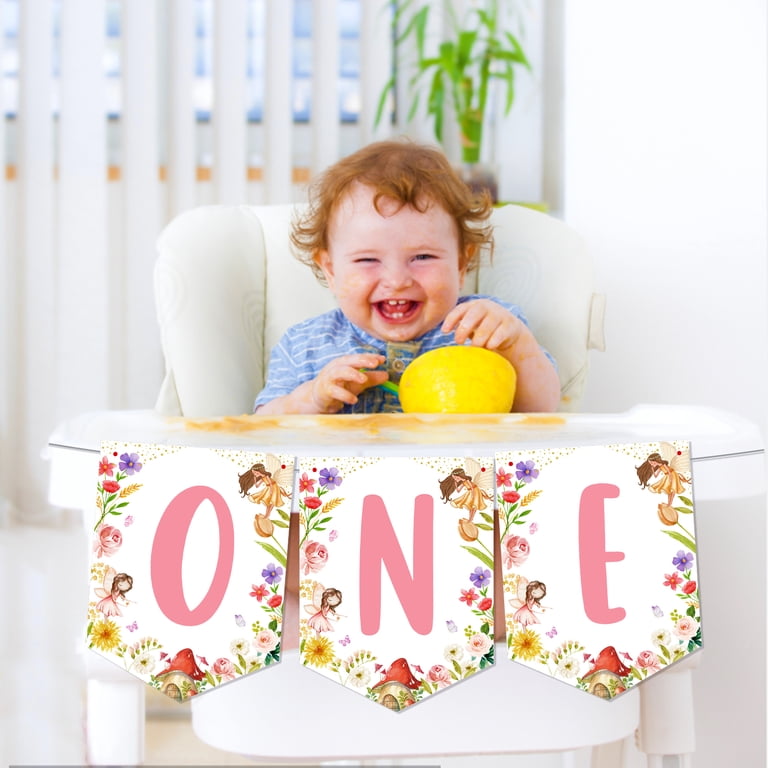 First Birthday Decorations For Girl - Pink Floral High Chair Banner, Cake Topper & Party Hat Set, Photo Backdrop