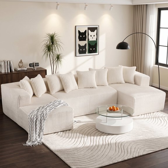 SEENYOO 130" Boneless Couch, Modern Couches for Living Room, U-Shaped 4-Seat Modular Sofa with Chaise, Oversized, No Assembly, White
