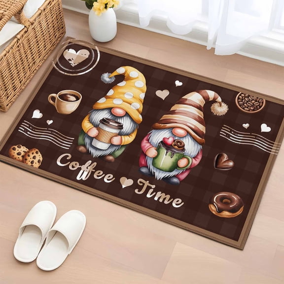 2x3 Ft Entryway Area Rug, Farmhouse Coffee Time Kitchen Rug Runner Washable Floor Mat, Vintage Gnomes Desserts Brown Plaid Non Slip Indoor Door Mat Throw Carpet for Bathroom Living Room Bedroom
