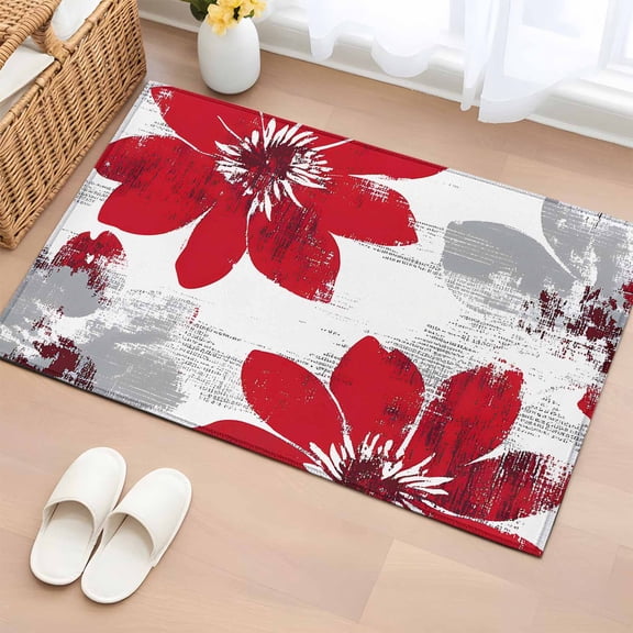 Red Spring Floral Bathroom Rug Washable 2x3 Entryway Rug Non Slip Summer Flowers Botanical Front Door Mat Low Pile Indoor Doormat Throw Floor Carpet for Kitchen Bedroom Entrance