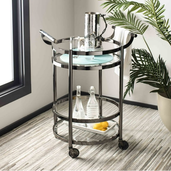 SAFAVIEH Sienna 2 Tier Modern Glam Round Bar Cart with Casters, Gun Metal