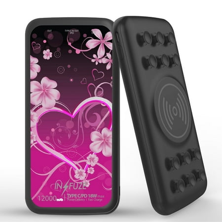 

INFUZE Qi Wireless Portable Charger for Samsung Galaxy A52 5G External Battery (12000 mAh 18W Power Delivery USB-C/USB-A 3.0 Ports Suction Cups) with Touch Tool - Violet Love Hearts