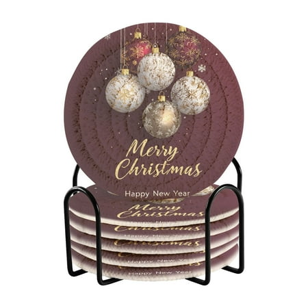 

6 Pcs Drink Coasters with Holder Absorbent Coasters Minimalist Home Decor Coaster Set Stylish Handmade Round Woven Coaster for Drinks Table Desk Protection Red Christmas Elements