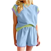 Scyoekwg Womens Casual 2 Piece Outfits Short Sleeve Round Neck Tops Shorts Trendy Tracksuit Casual Sweatsuits Sets Solid Color Loose Matching Family Outfits (Blue,S)