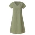 thumbnail image 4 of Robes pour Femmes Liquidation Femmes Manches Courtes Col en V Décontracté Chaud Vacances Couleur Unie Mini Robe Droite Coton Lin Robe T-Shirt Printemps Été Robes pour Femmes, 4 of 5