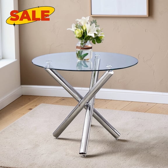 Hassch 35.4 Inch Round Dining Table, Modern Kitchen Table with Glass Top and Metal Legs for 2-4 Person, Easy Assembly, Silver